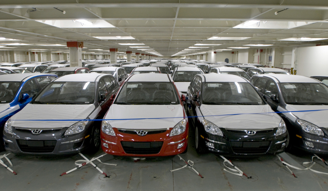 RO-RO shipping. Cars inside of RO-RO vessel.